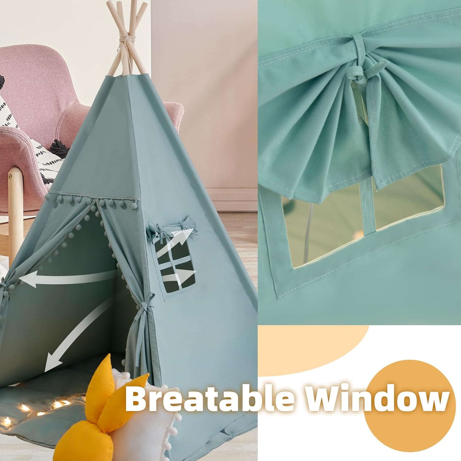 Tienda de campaña tipi para niños con alfombra, luces de estrella, funda de transporte, casa de juegos de lona de algodón, tiendas de campaña