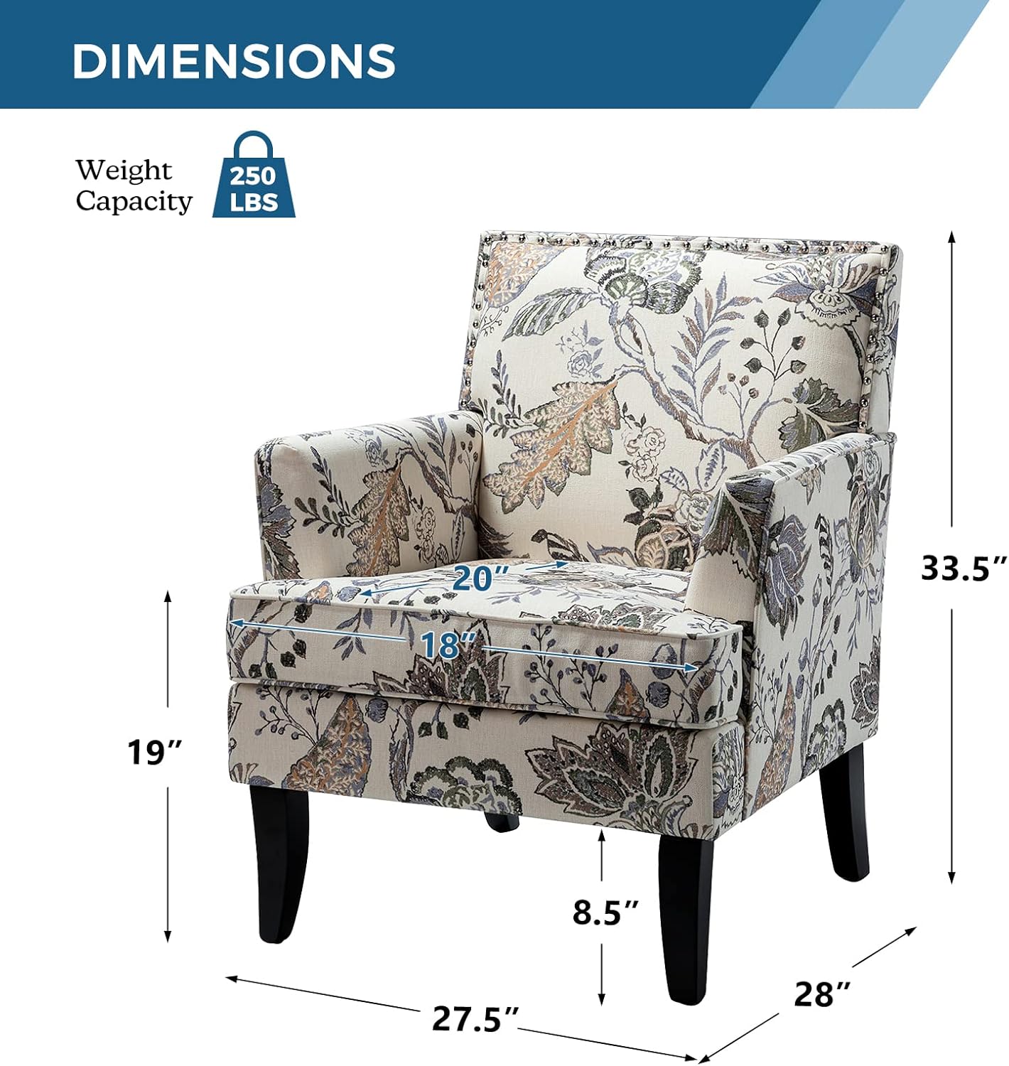 HULALA HOME Silla decorativa moderna con brazos y patas de madera, silla decorativa con estampado floral, respaldo alto, reposabrazos acolchado y