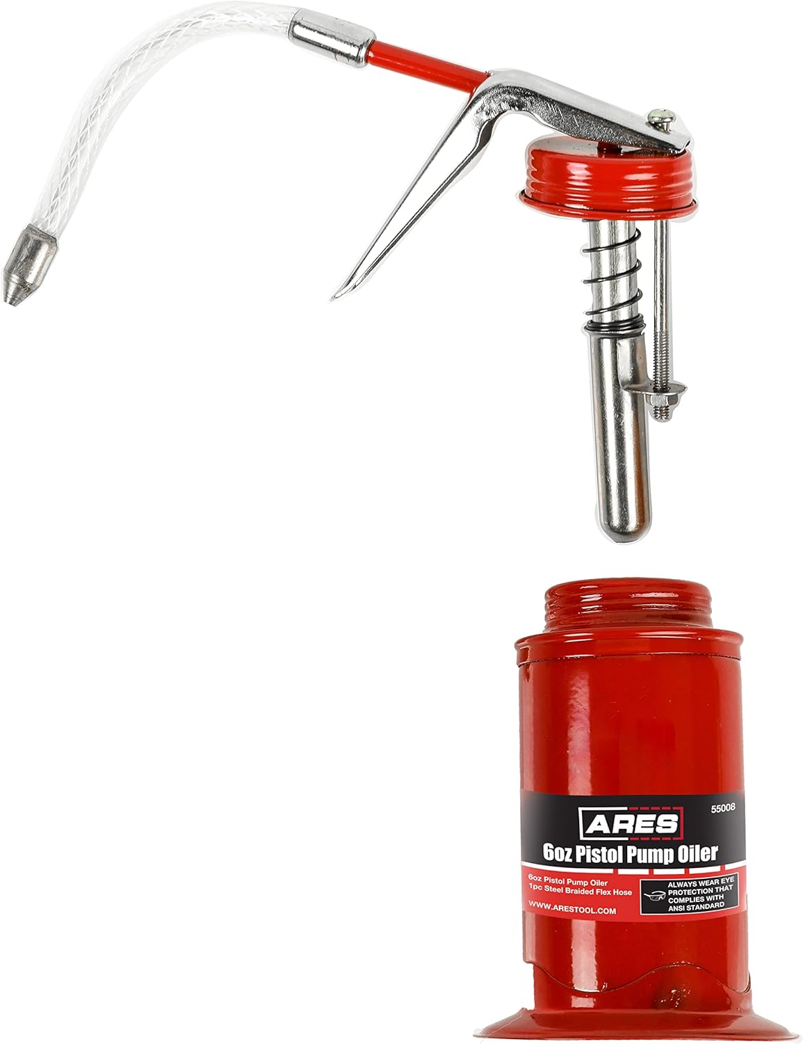 ARES 55008 – Lata de aceite con agarre de pistola roja de 6 onzas, incluye manguera flexible trenzada de acero, bomba de alta presión