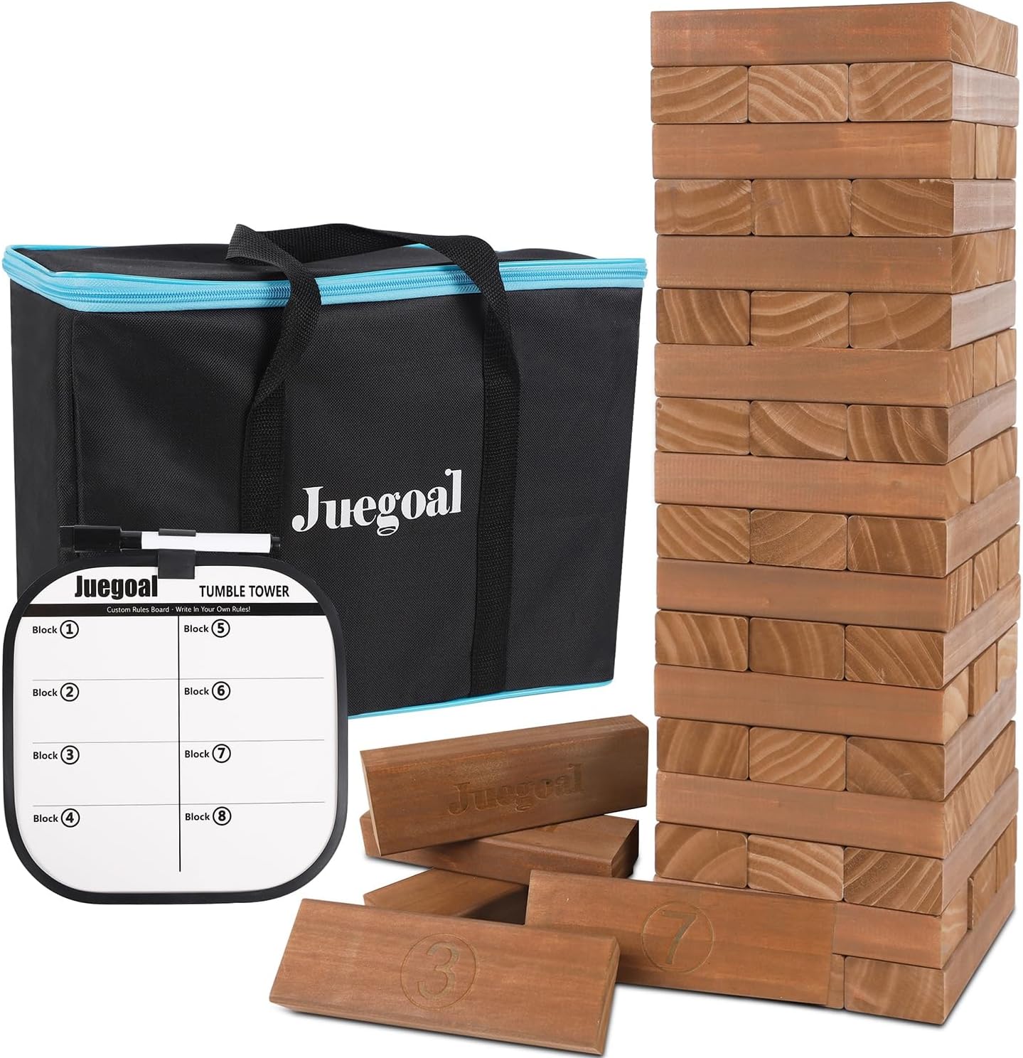 Juegoal Torre gigante de 54 piezas marrón para adultos y niños, juego de apilamiento de bloques de madera con tablero de juego y bolsa de lona,