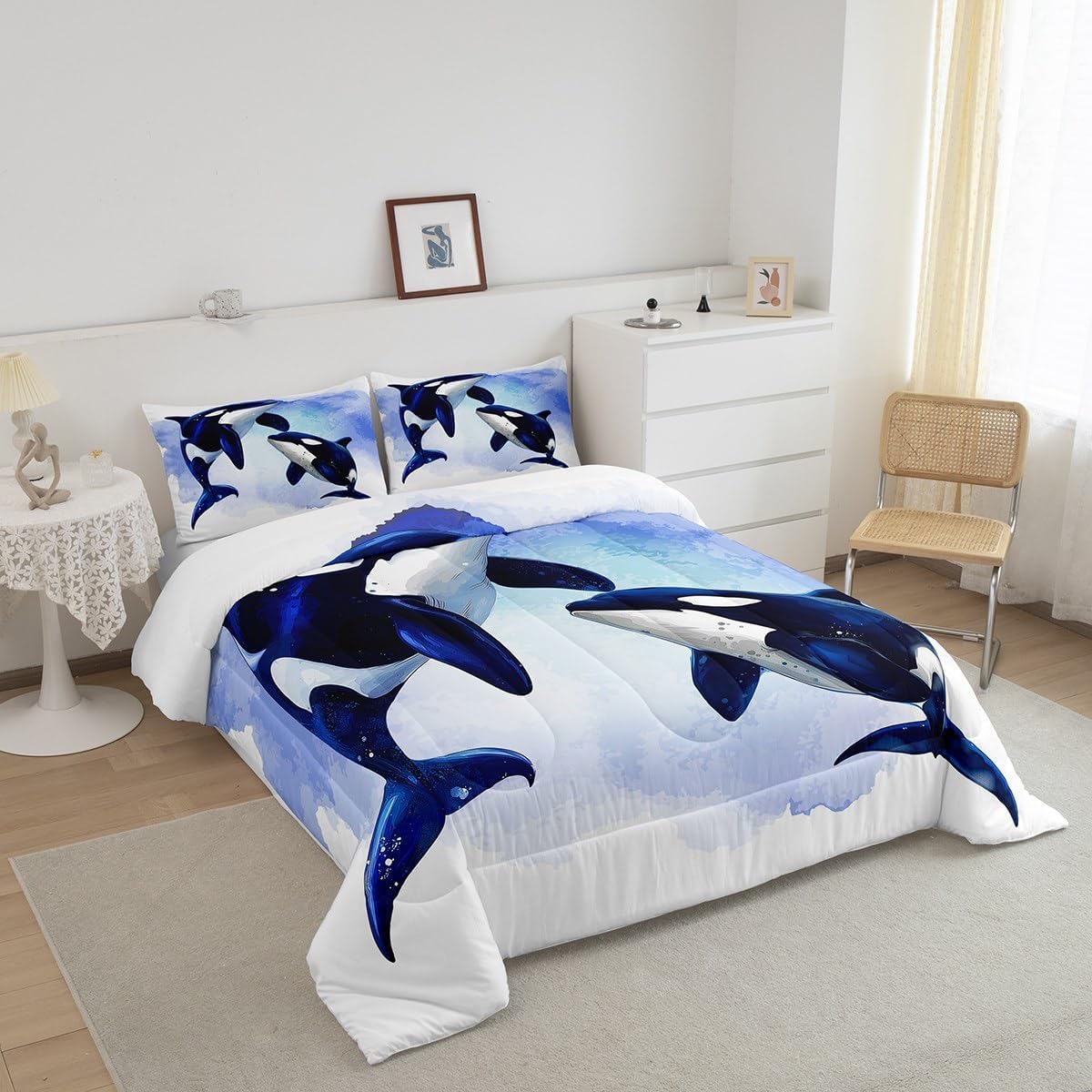 Erosebridal Juego de edredón tamaño matrimonial con diseño de ballena asesina para niños y niñas, juego de ropa de cama de animales oceánicos en