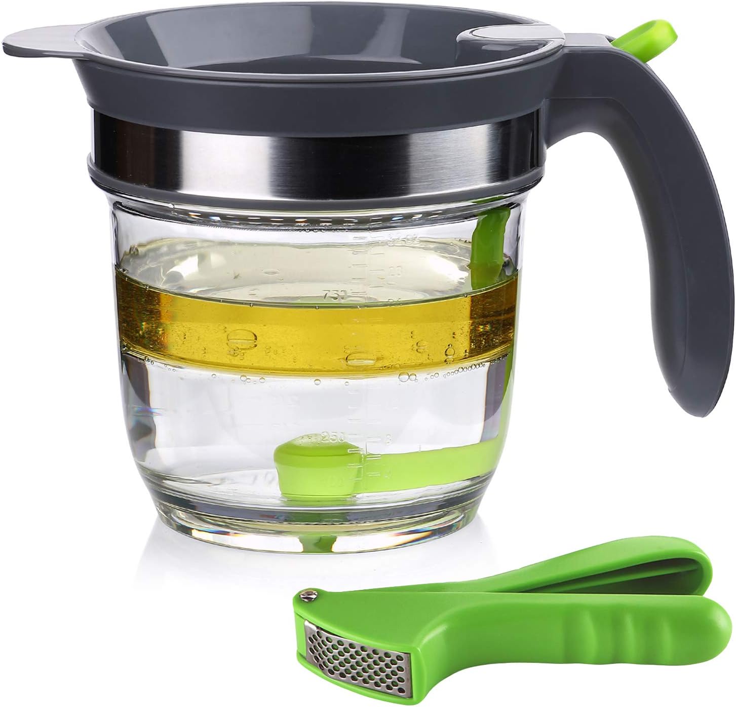 Separador de grasa de plástico de 4 tazas con liberación inferior, separador de grasa en salsa, taza medidora de aceite de sopa, incluye una prensa