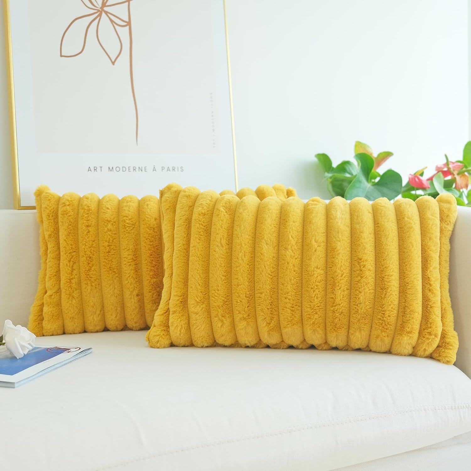 JOJUSIS Paquete de 2 fundas de almohada decorativas de felpa de pelo sintético para sofá, fundas de almohada suaves (amarillo mostaza, 12 x 20