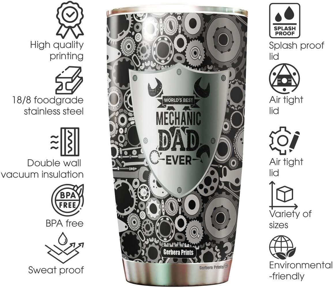 Mechanic Dad – Vasos aislados de 20 onzas con tapas, información nutricional para papá, tamaño de la porción, taza de Navidad para papá
