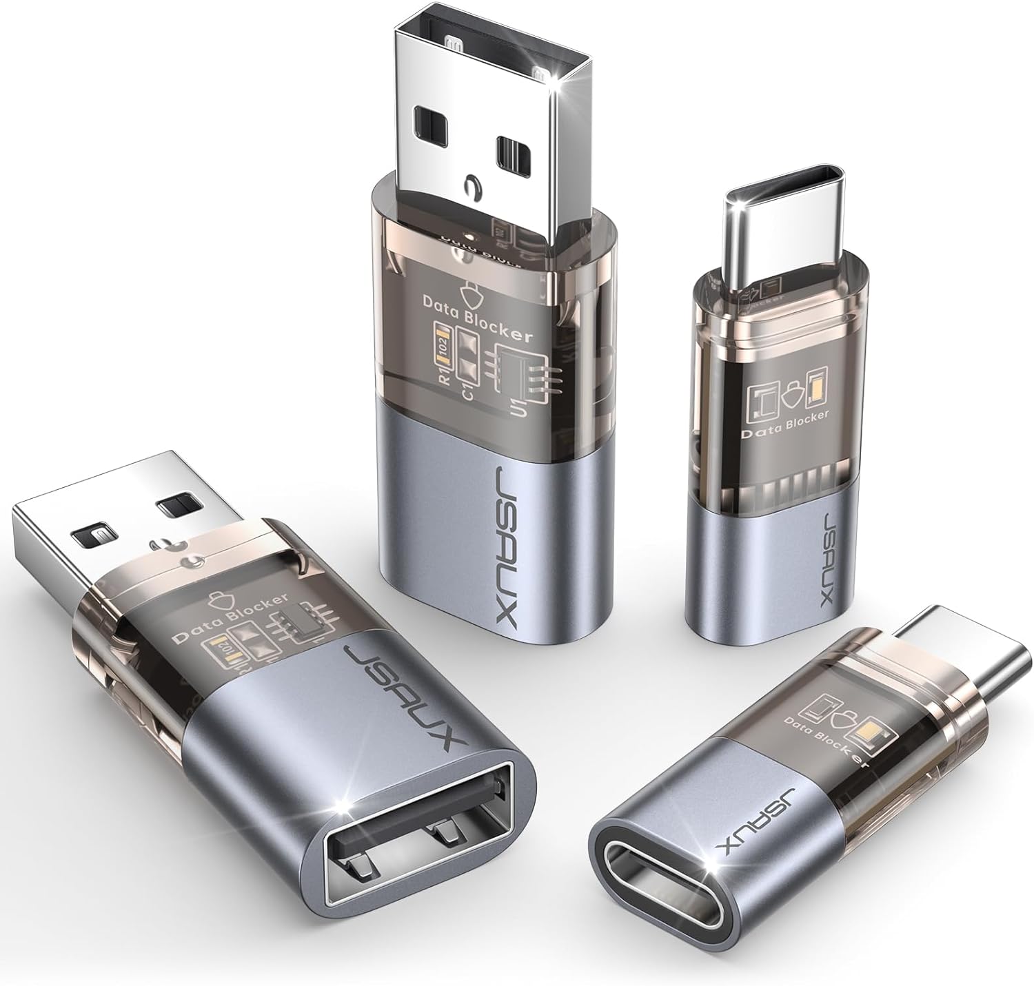 JSAUX Bloqueador de datos USB y bloqueador de datos USB C (paquete de 4), bloqueador de datos USB-A transparente a USB-A y USB-C a USB-C solo para