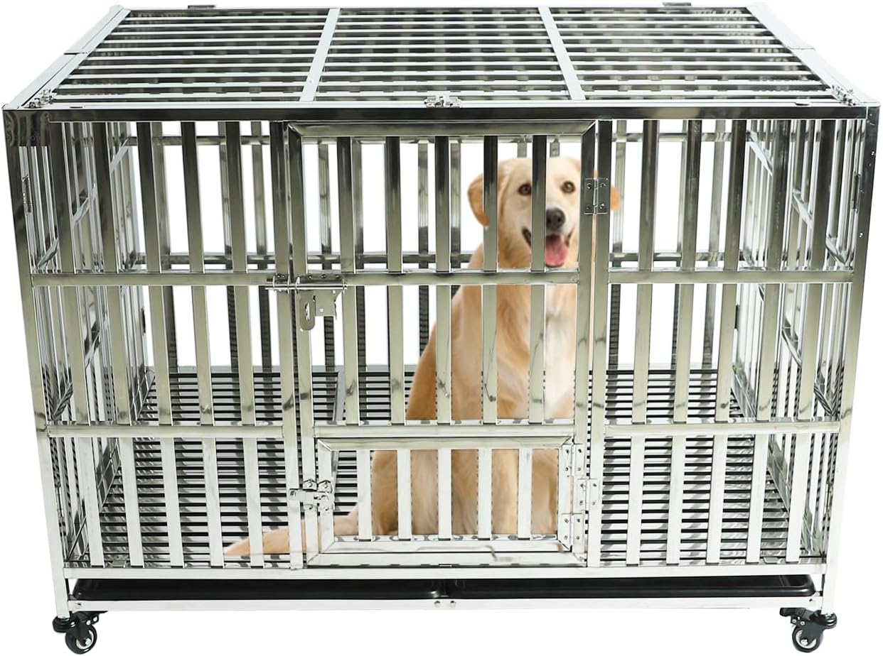 Confote Jaula de acero inoxidable resistente de 47 pulgadas para perros, indestructible, de alta ansiedad, indestructible y a prueba de escape, para