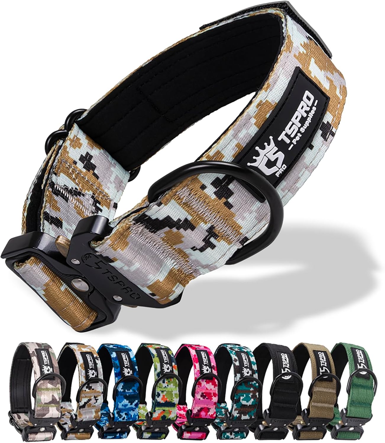 TSPRO Collar de perro de camuflaje de alta calidad con parche de bandera de Estados Unidos, collar grueso para perro ajustable, resistente y de