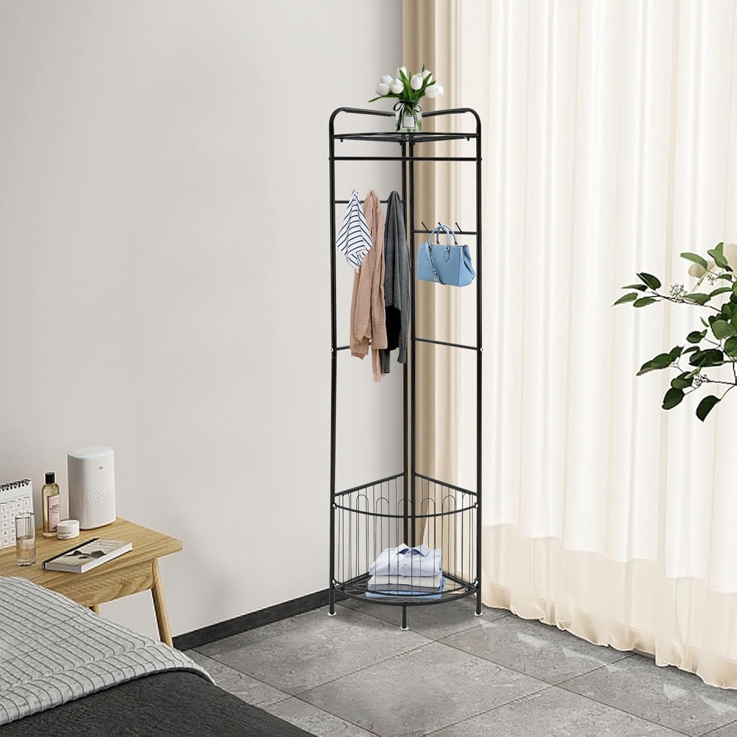 Perchero esquinero con almacenamiento y 6 ganchos de metal, soporte de esquina multifuncional para entrada o dormitorio con almohadillas redondas