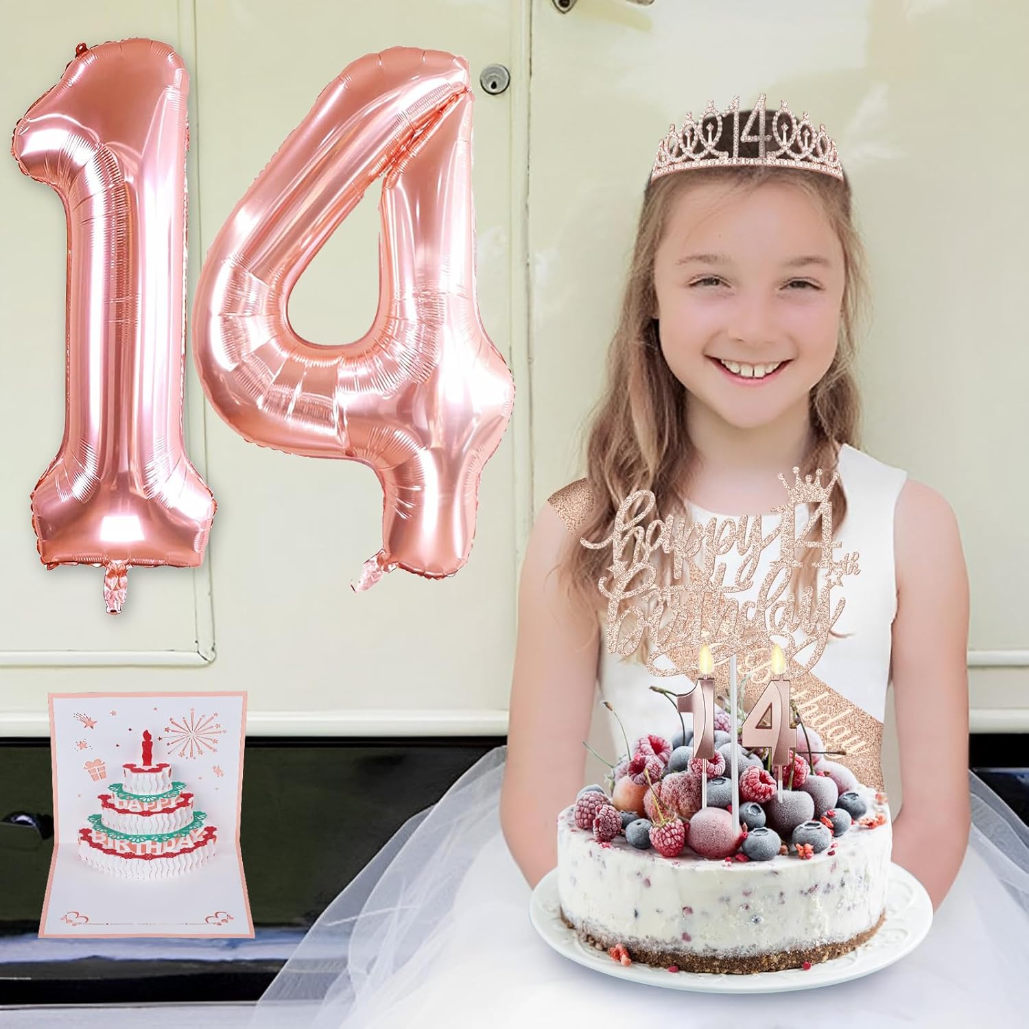 Decoraciones de cumpleaños número 14 para niñas, incluyendo banda y tiara de cumpleaños 14, velas de cumpleaños 14 y adornos para pasteles, globos