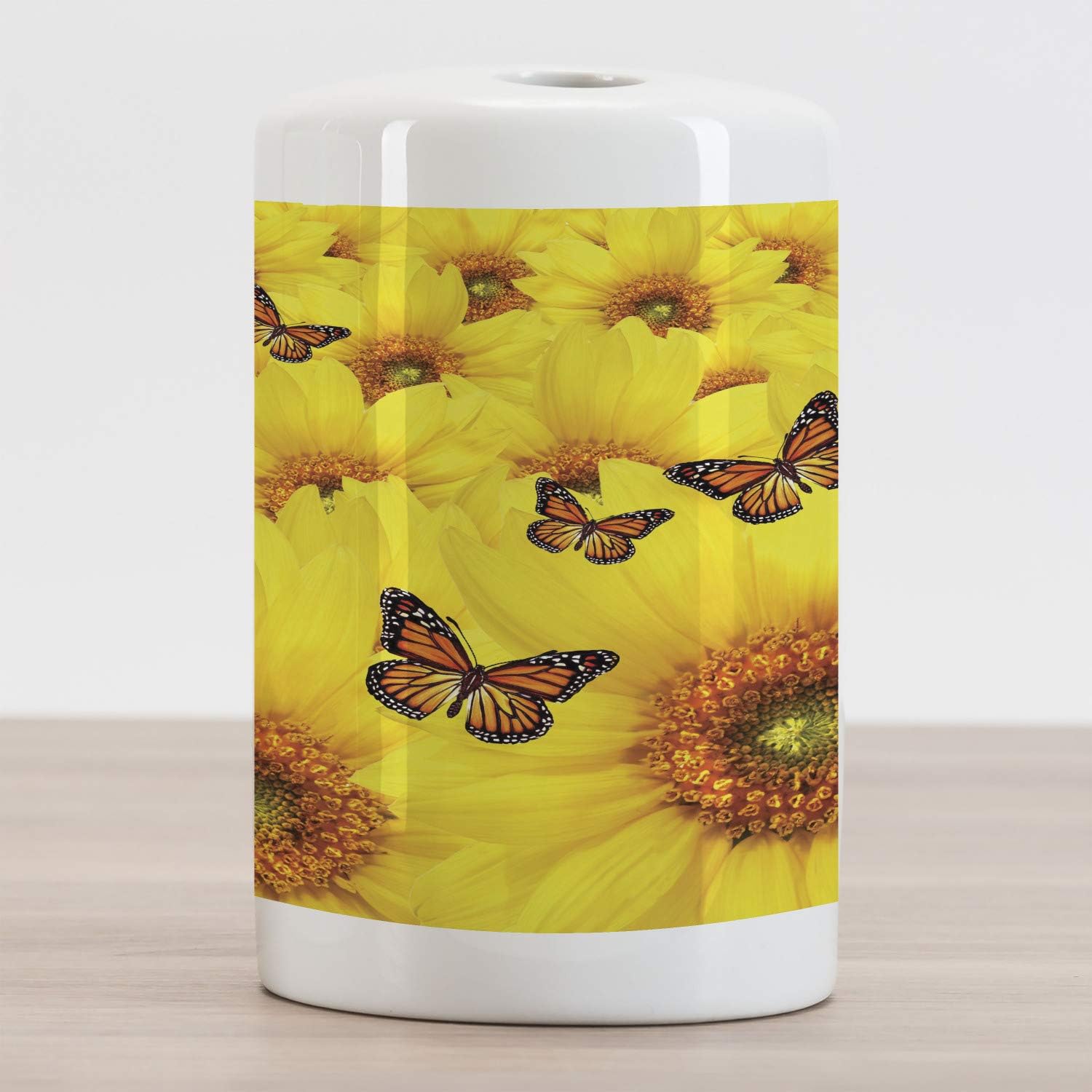 Lunarable Soporte para cepillo de dientes de cerámica con girasol, flores de girasol, mariposas, colores cálidos, redondos, detalles de primer