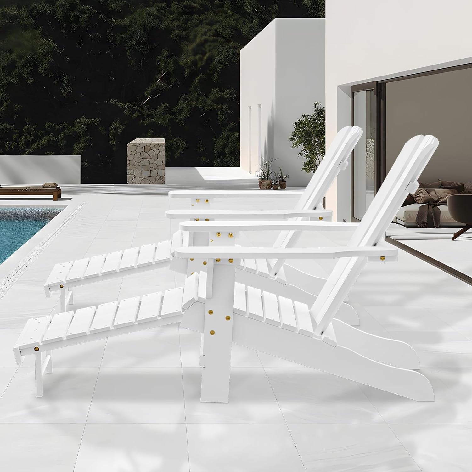 MoNiBloom Juego de 2 sillas Adirondack blancas con otomana retráctil, cómodas sillas de madera de abeto para todo tipo de clima, para patio trasero,