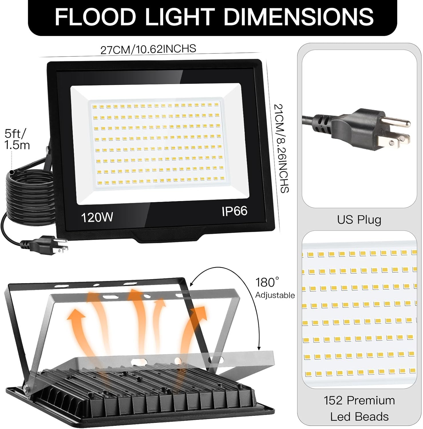 Paquete de 2 focos LED de 120 W para exteriores, reflectores de 14400 lm con enchufe, luces de seguridad impermeables IP66, luces de trabajo LED