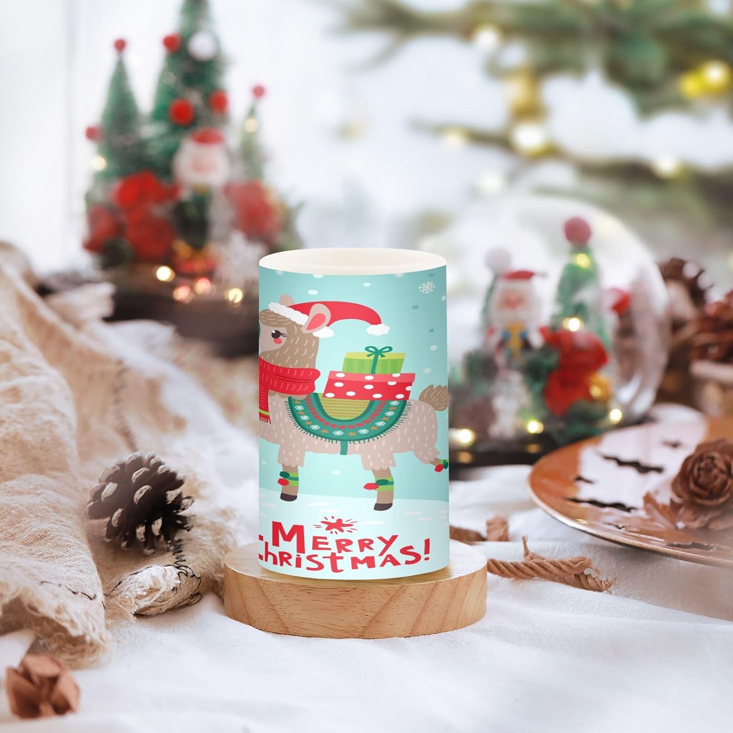 Merry Christmas Llama Gift Flameless Candles with Remote Timers Winter Snowflake Pillar Candles for Bedroom Bathroom Outdoor Party Garden Ambient