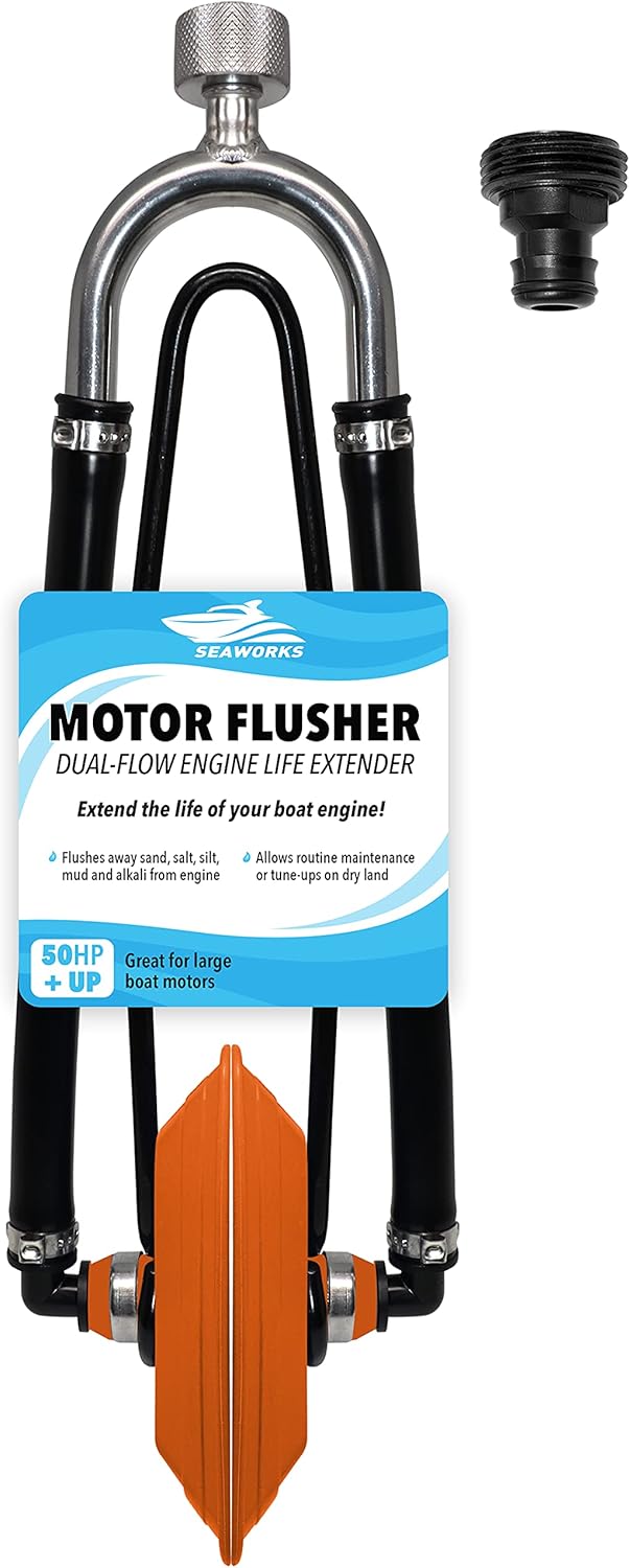 Seaworks Flusher de motor de barco de acero resistente estilo manguito de doble alimentación, uso para anticongelante para invierno o lavado de agua