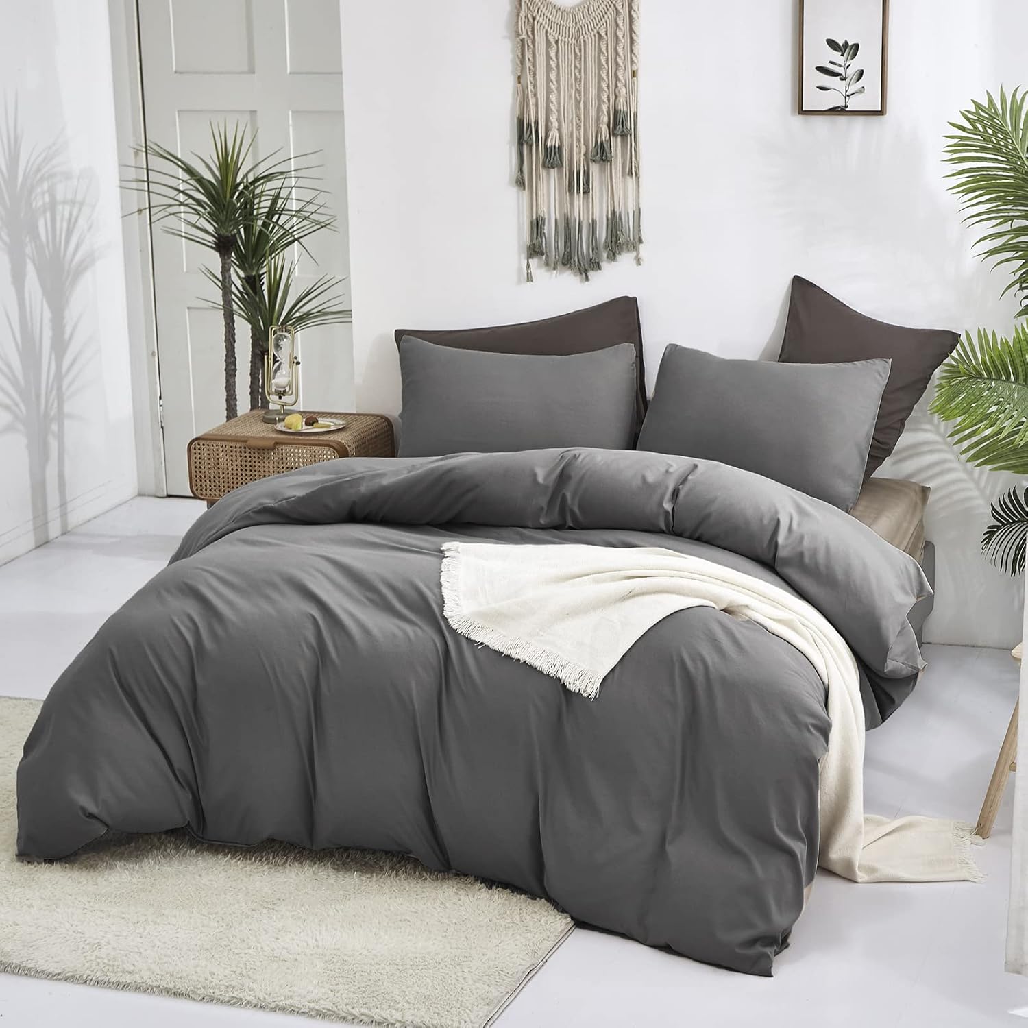Cottonight Juego de edredón unicolor gris tamaño California king, juego de ropa de cama gris oscuro, moderno y ligero, para mujeres y hombres