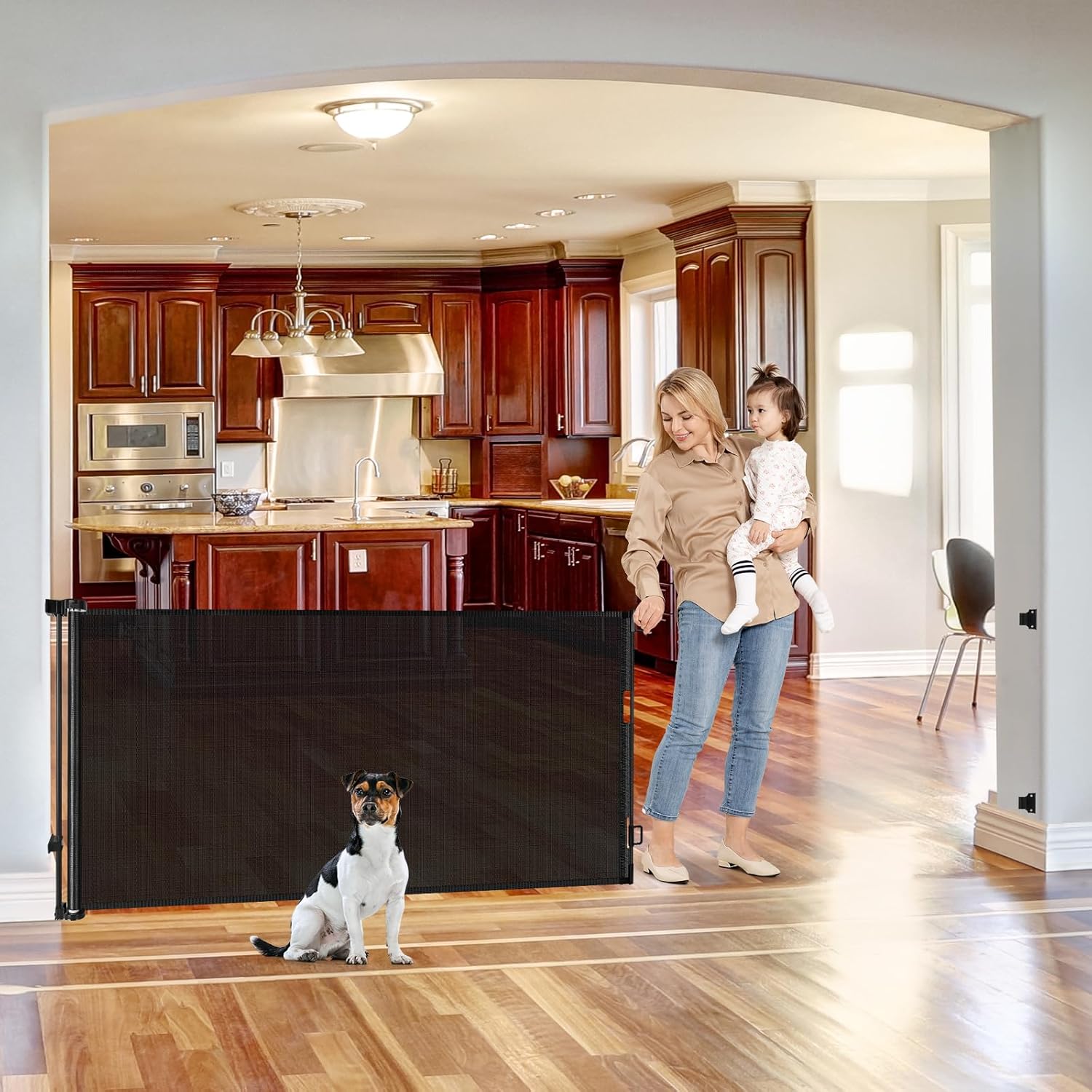 Puerta retráctil extra ancha para bebés de 75 pulgadas para aberturas amplias, puerta para niños para interiores y exteriores, puerta retráctil