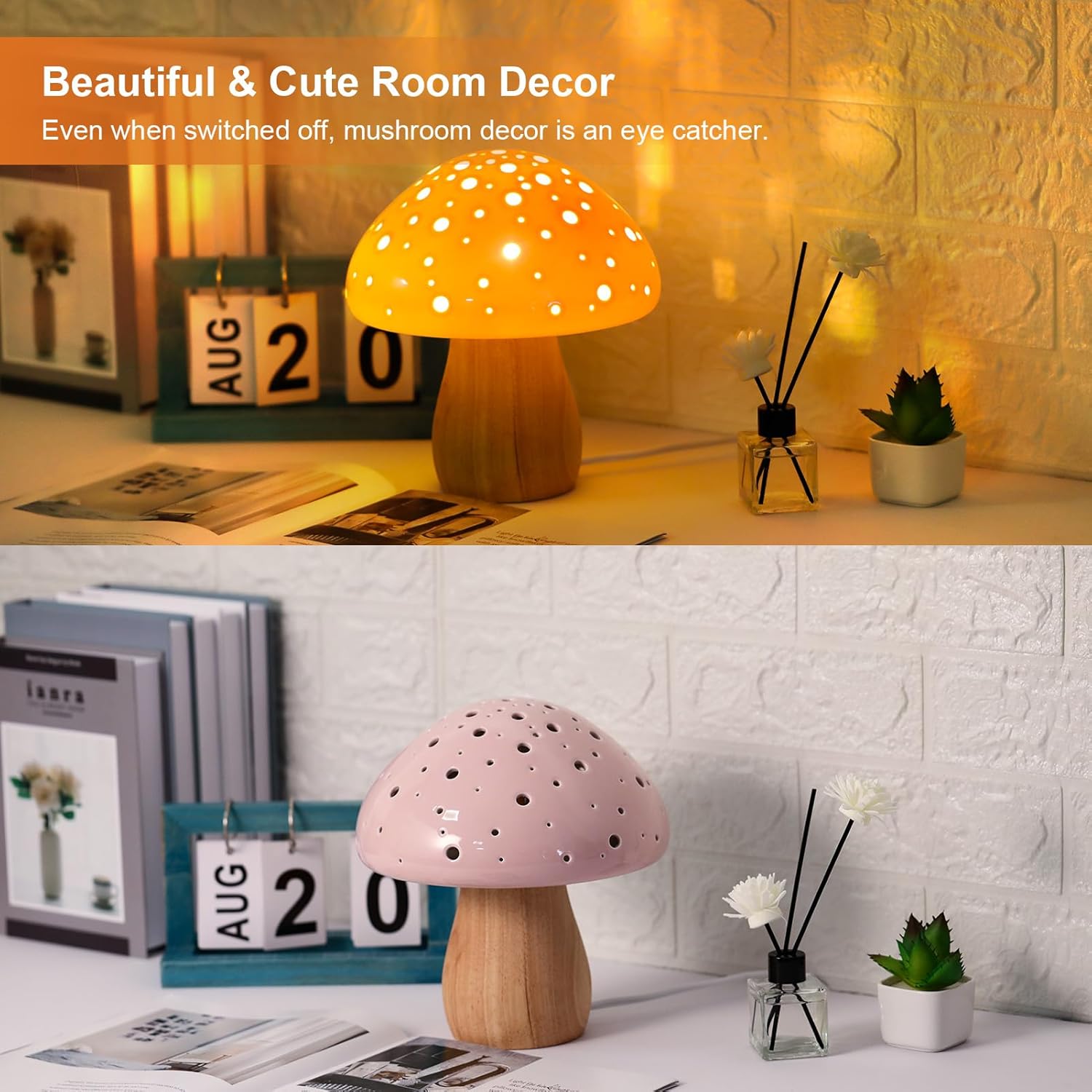 KAiSnova Lámpara de seta pequeña lámpara de mesita de noche, lámpara de escritorio de cerámica rosa, lámpara de mesita de noche única, luces