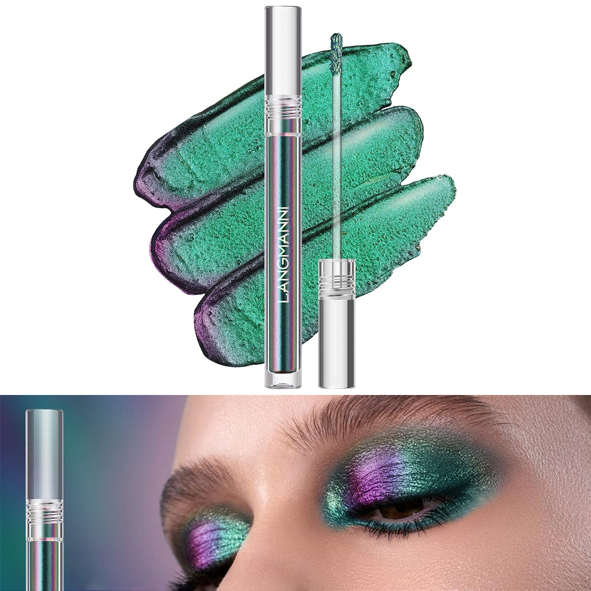 Jolilab Sombra de ojos de camaleón líquida metálica, aspecto de ojos multidimensional, maquillaje holográfico de larga duración con purpurina