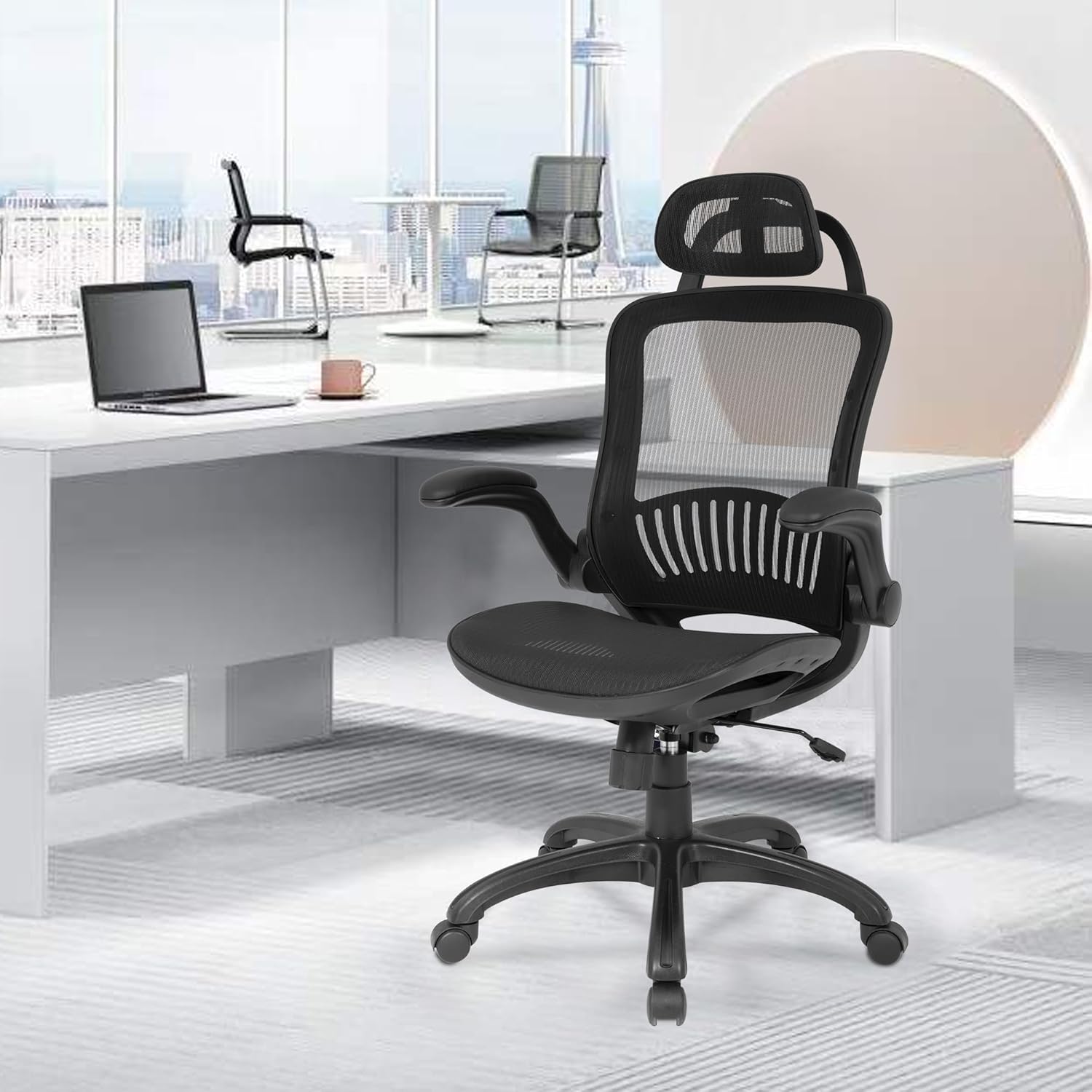 Silla de oficina ergonómica de malla, silla de computadora con soporte lumbar, reposacabezas y brazos abatibles, giratoria, ajustable, para adultos