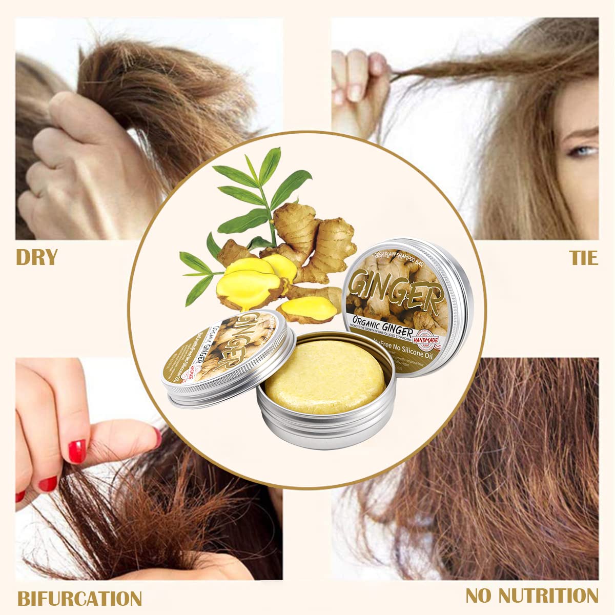 Barra de champú para el crecimiento del cabello de jengibre, champú de jengibre natural contra la caída del cabello promueve el crecimiento del