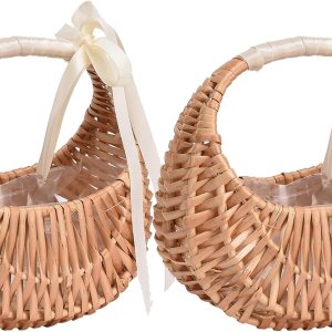 2 cestas de flores para niña con asa y lazo de cinta, cestas de flores tejidas a mano, cesta de ratán tejida, canasta de arreglo floral de sauce de 2 cestas de flores para niña con asa y lazo de cinta, cestas de flores tejidas a mano, cesta de ratán tejida, canasta de arreglo floral de sauce de