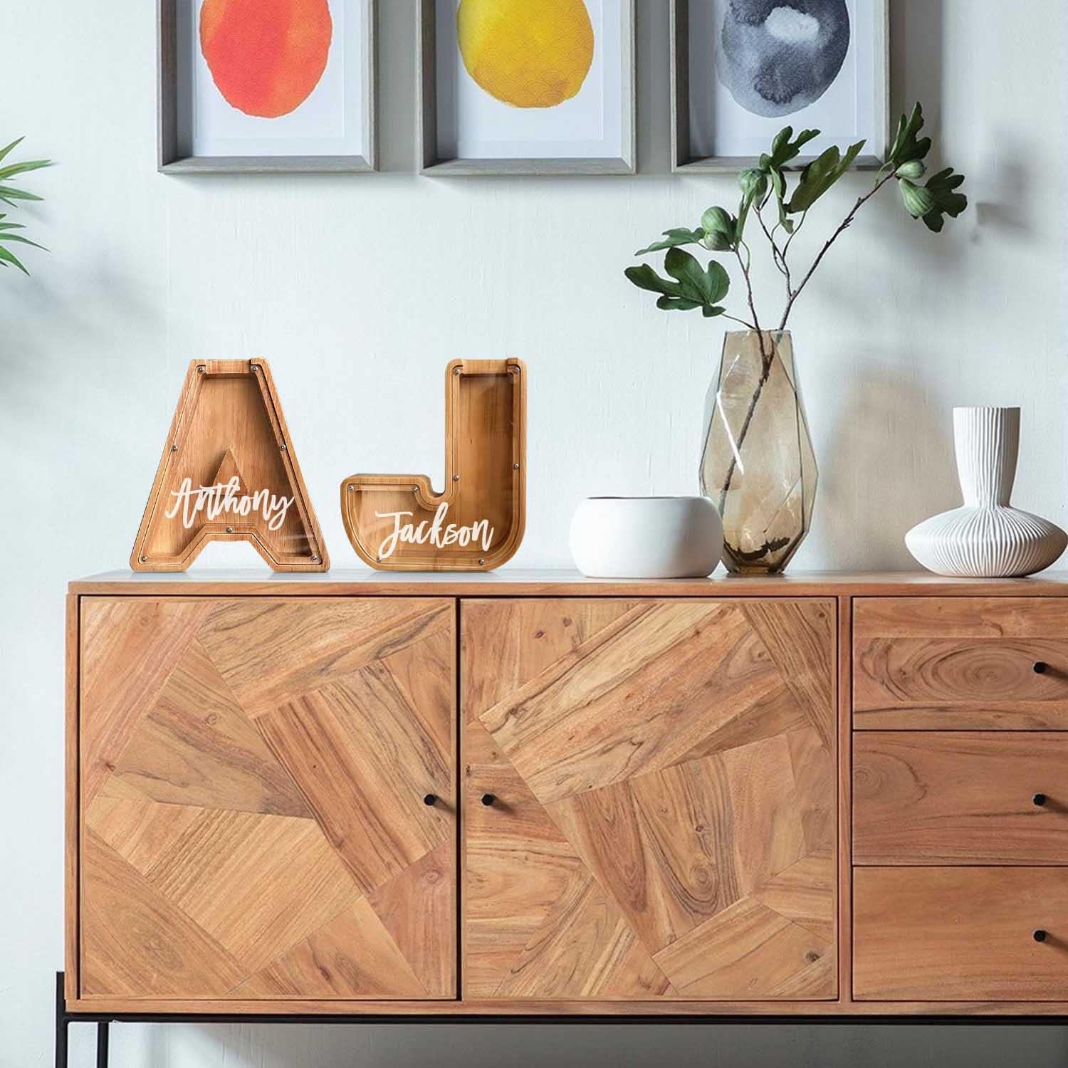 ZUYOENCO Alcancía para niños, tarro de dinero de madera con forma de letra personalizada para niños, alcancía personalizada para regalo de