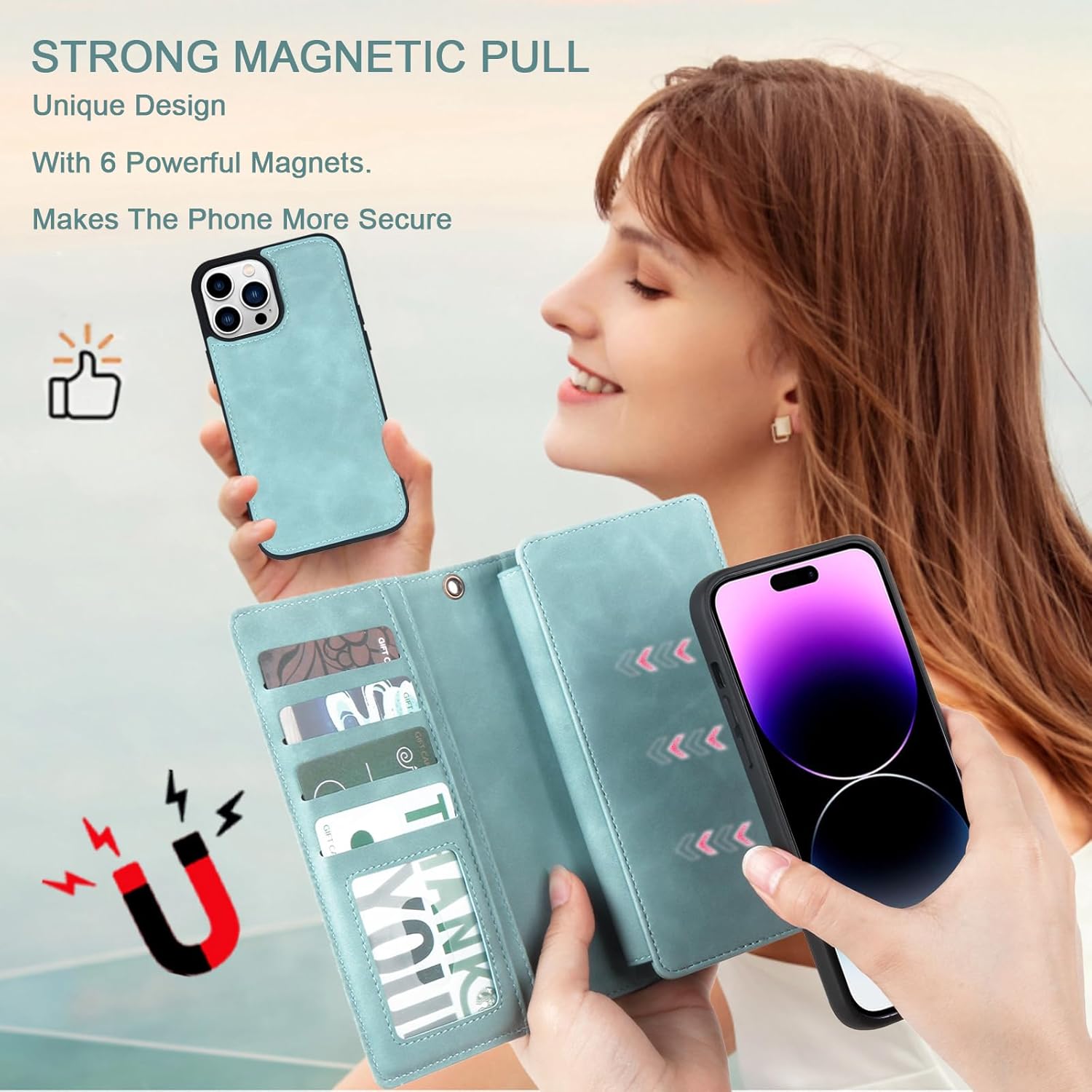 Funda tipo cartera compatible con iPhone 15 Pro, funda magnética desmontable para teléfono, funda protectora de cuero con soporte para tarjetas, 6.1