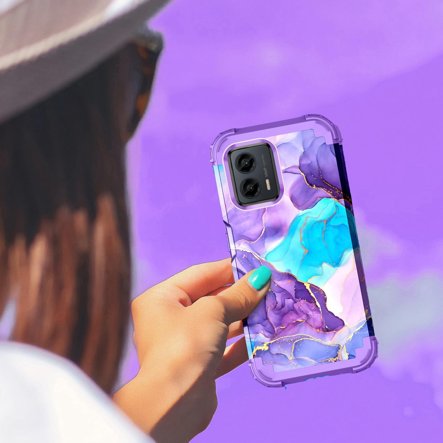 Funda para Moto G 5G 2023, diseño de mármol, tres capas, resistente, protección a prueba de golpes, plástico duro, goma de silicona suave, funda