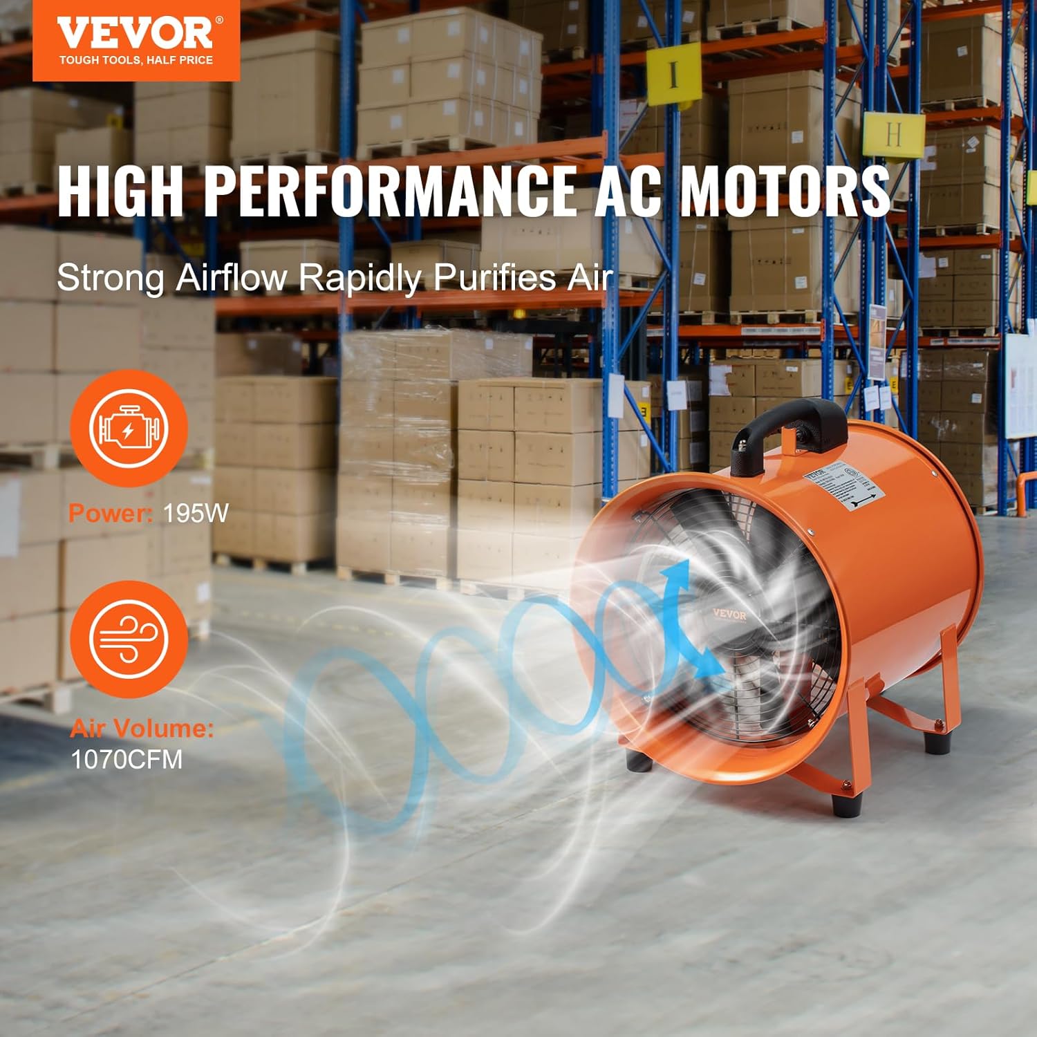 VEVOR Ventilador portátil de utilidad, ventilador axial de cilindro resistente de 8 pulgadas, 195 W, 1070 CFM, con manguera de conducto de 16.4