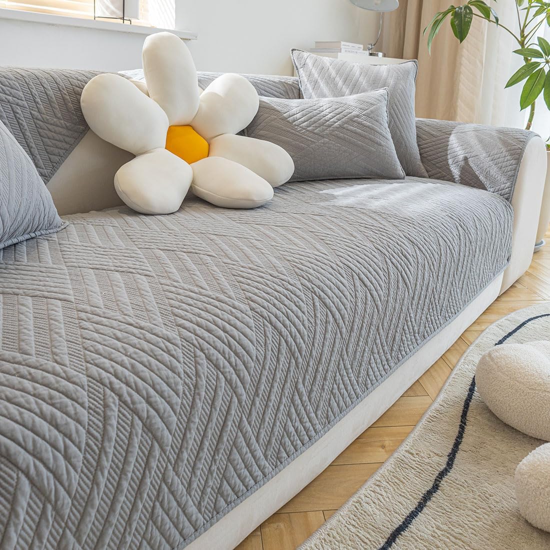 Funda de sofá para asiento de asiento con diseño de rayas y diamantes, funda acolchada de algodón liso para sofá modular, para todas las estaciones,