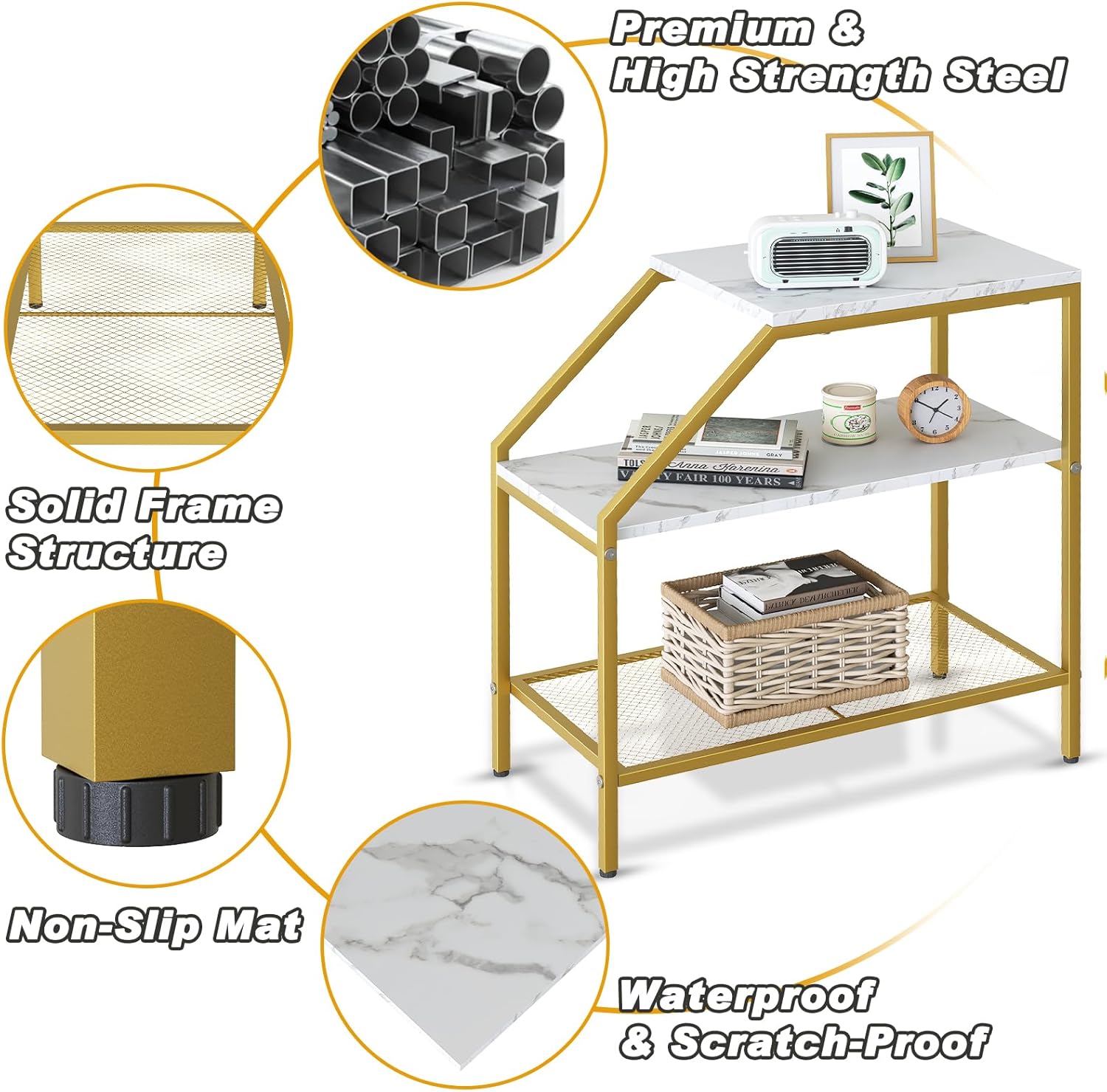 aboxoo Mesa auxiliar de 3 niveles de madera de mármol blanco con estante de escalera de almacenamiento, mesa auxiliar para espacio pequeño, muebles
