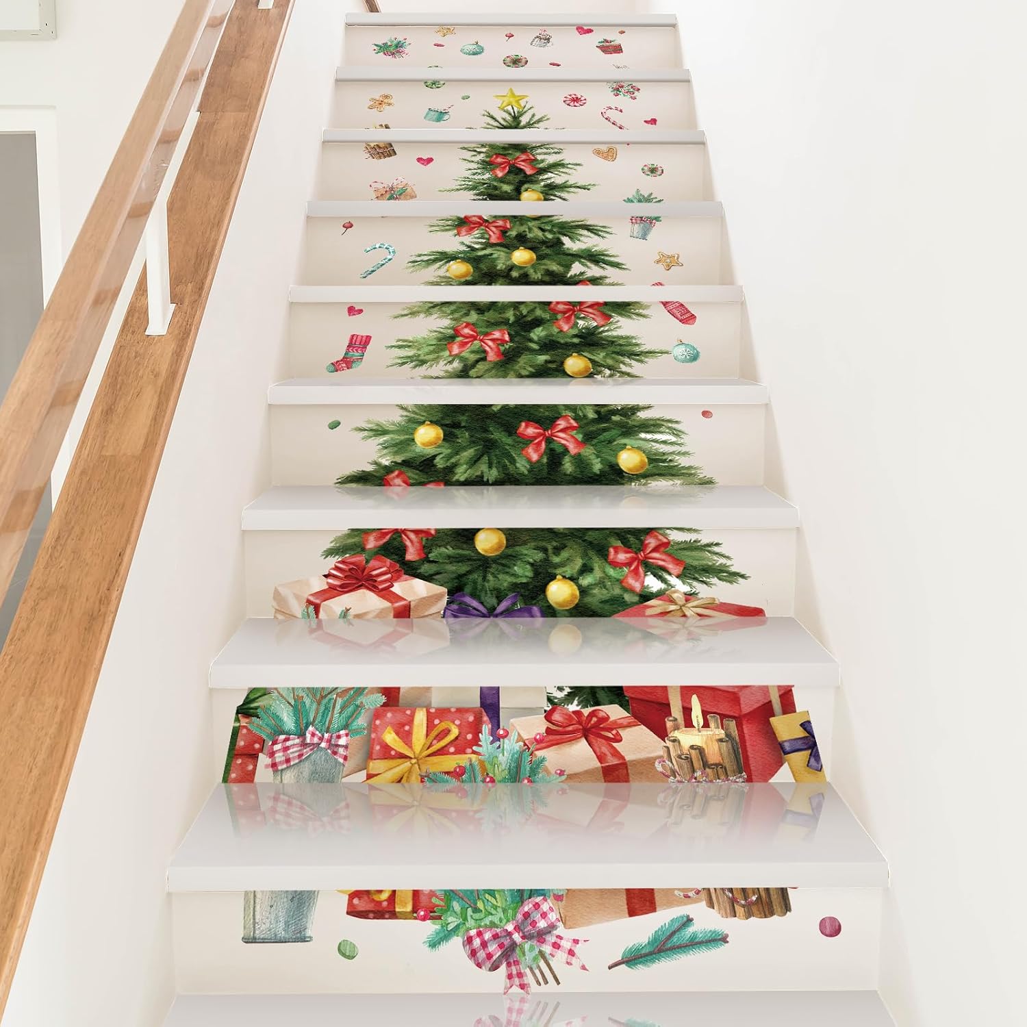 Cholemy 13 hojas de calcomanías 3D para escaleras de árbol de Navidad, decoración de escaleras de Navidad, calcomanías extraíbles para escaleras de