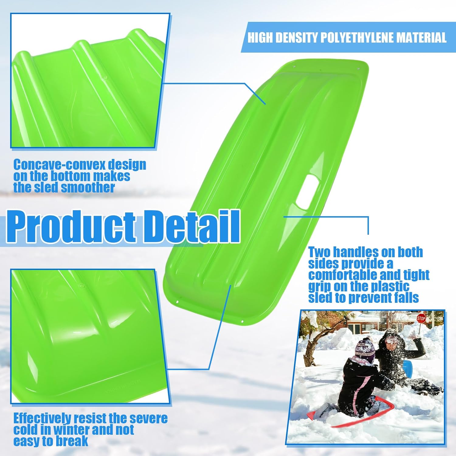 Paquete de 12 trineos de nieve duraderos de 35 pulgadas, trineos de arena de plástico con asas integradas y cuerda de tracción para niños, niñas y
