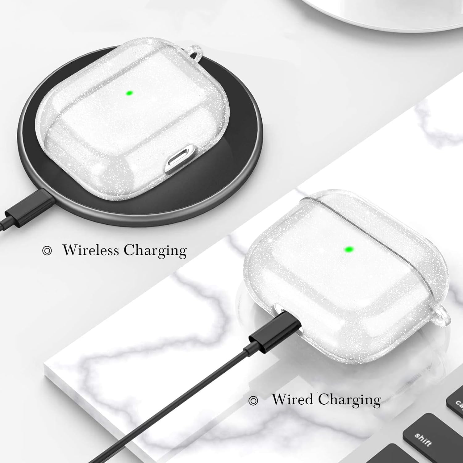 AIRSPO Funda para Airpods de 3 generación, funda para AirPods 3 con kit de limpieza, funda protectora de TPU transparente con purpurina para Apple