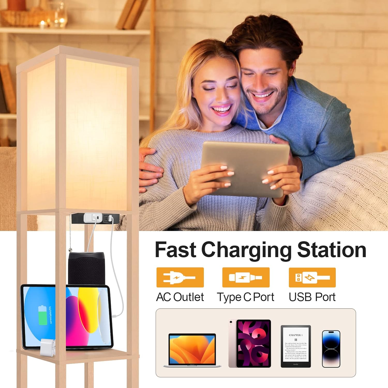 Outon – Lámpara LED de pie con estantes tipo columna, moderna y con puerto USB y toma de corriente, con almacenamiento hecho de madera, pantalla con