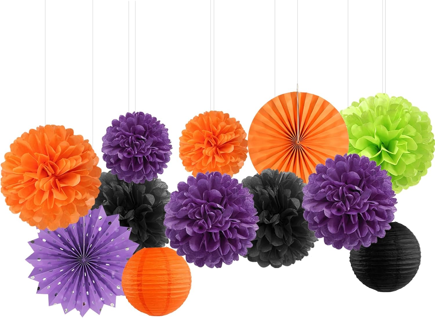 Decoraciones de fiesta de Halloween, color negro, morado, naranja, verde, 20 linternas de papel, pompones de tejido, bolas de panal, hotel