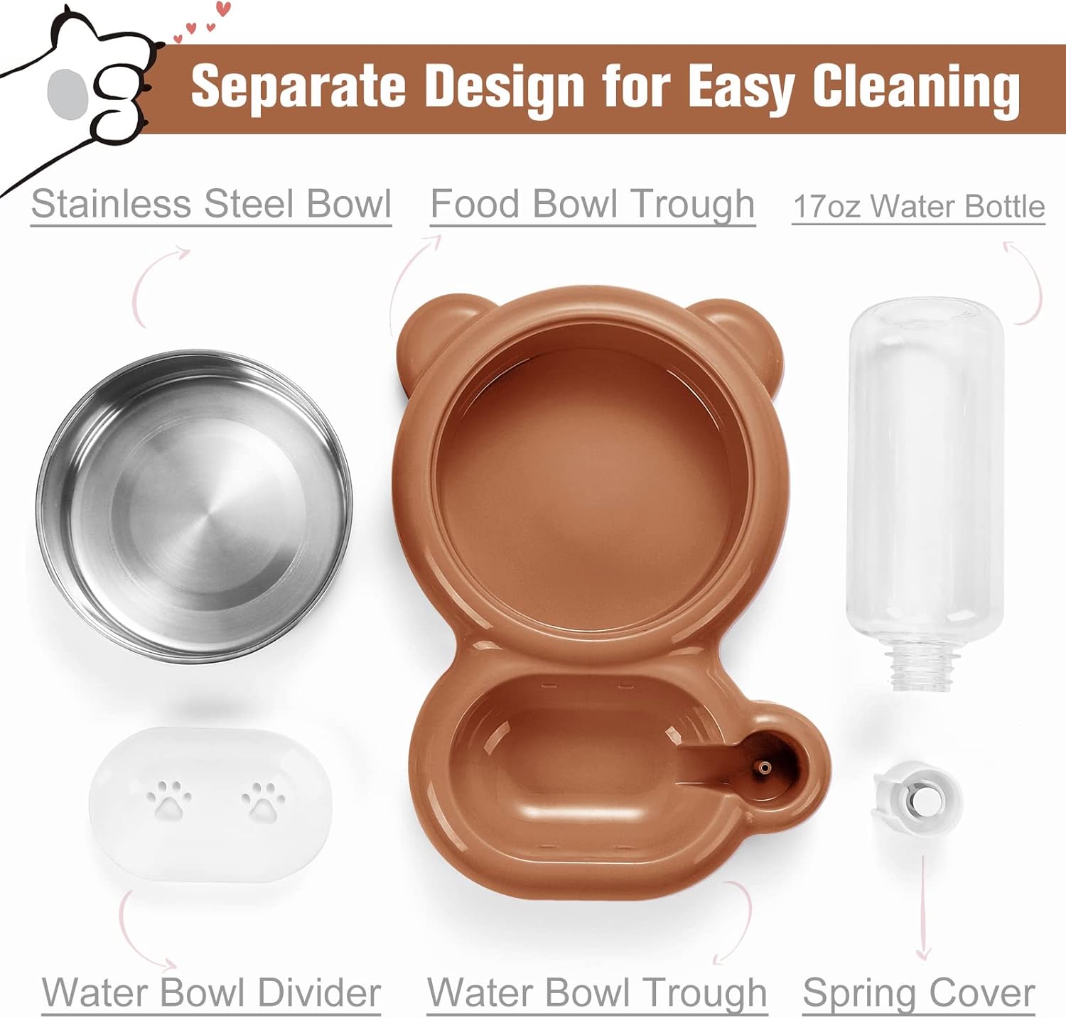 Juego de cuencos para perros, comida y agua para gatos con dispensador de agua y cuenco de acero inoxidable para gatos y perros pequeños, color