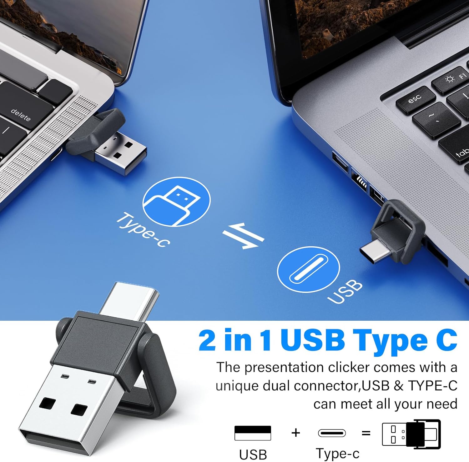 Clicker de presentación USB tipo C 2 en 1, control remoto inalámbrico recargable, clicker para presentaciones de PowerPoint, puntero para