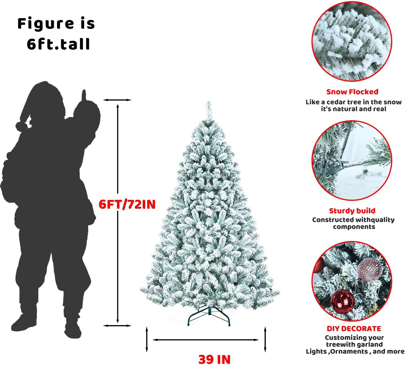 leheyhey Árbol de Navidad artificial con nieve de 6 pies, vista realista de abeto, fácil de montar con soportes de metal, adecuado para decoración