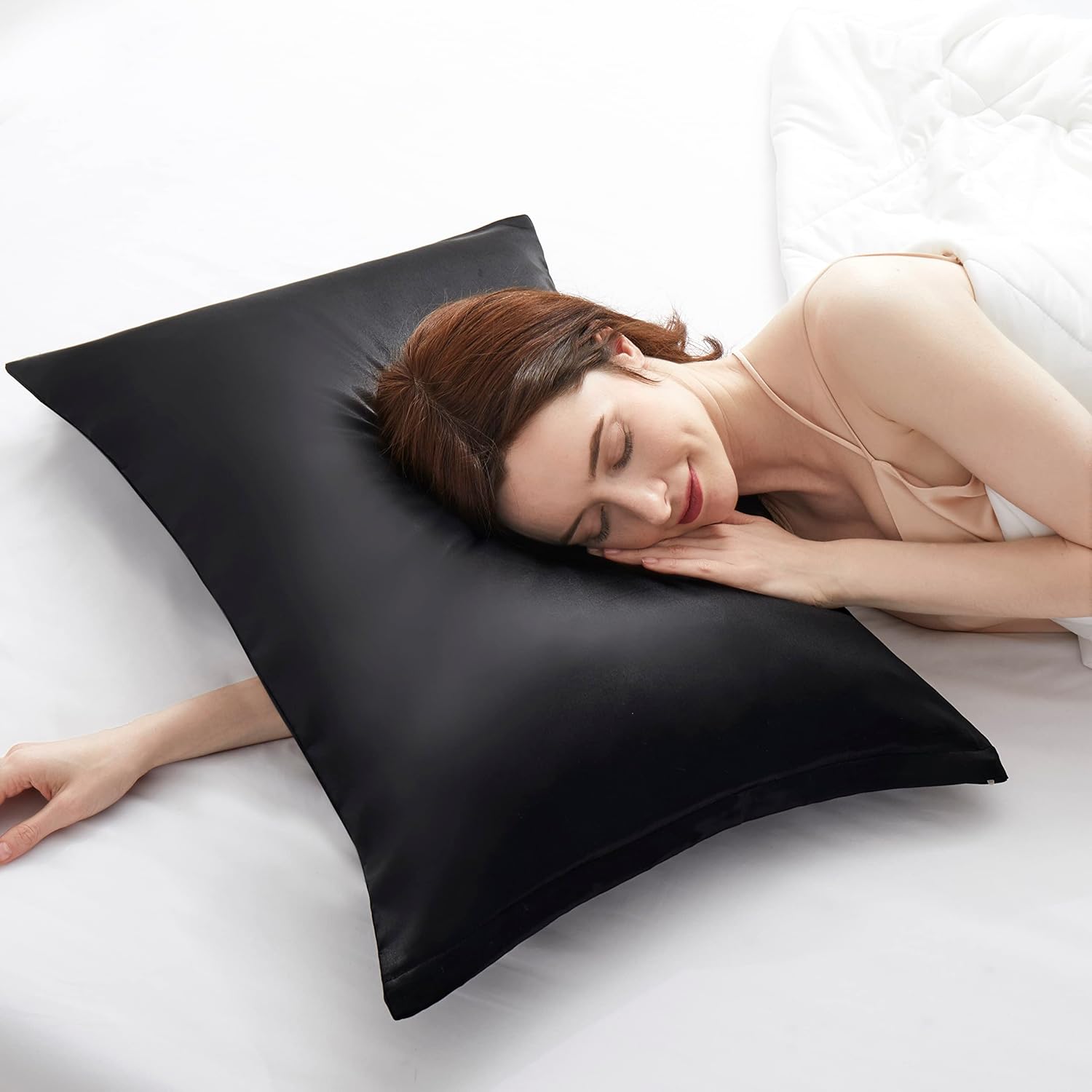Fundas de almohada de satén con cremallera (20 x 26), juego de 2 fundas de almohada de tamaño estándar, funda de almohada de seda negra para cabello
