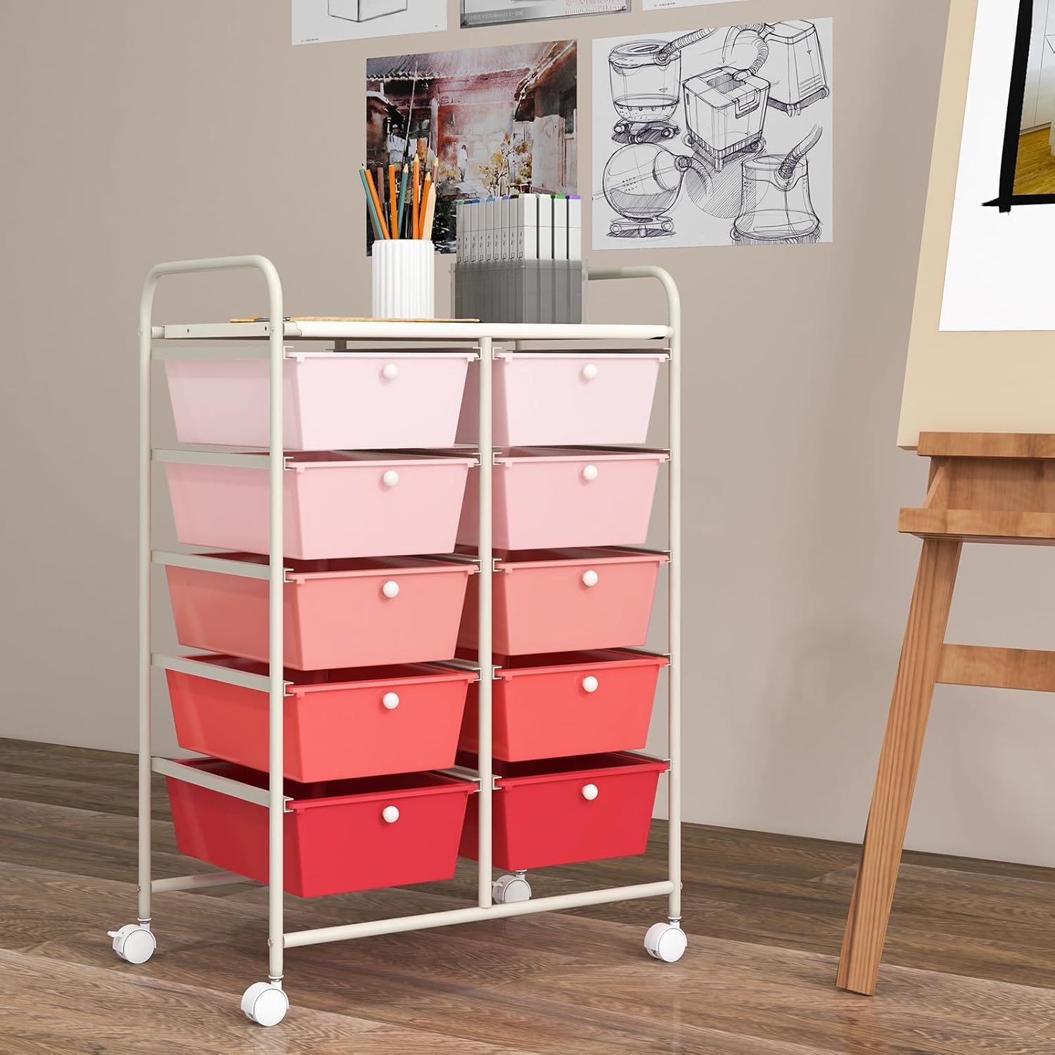 GOFLAME Carrito de almacenamiento con ruedas de 10 cajones, organizador de almacenamiento de manualidades sobre ruedas, carrito móvil multiusos para