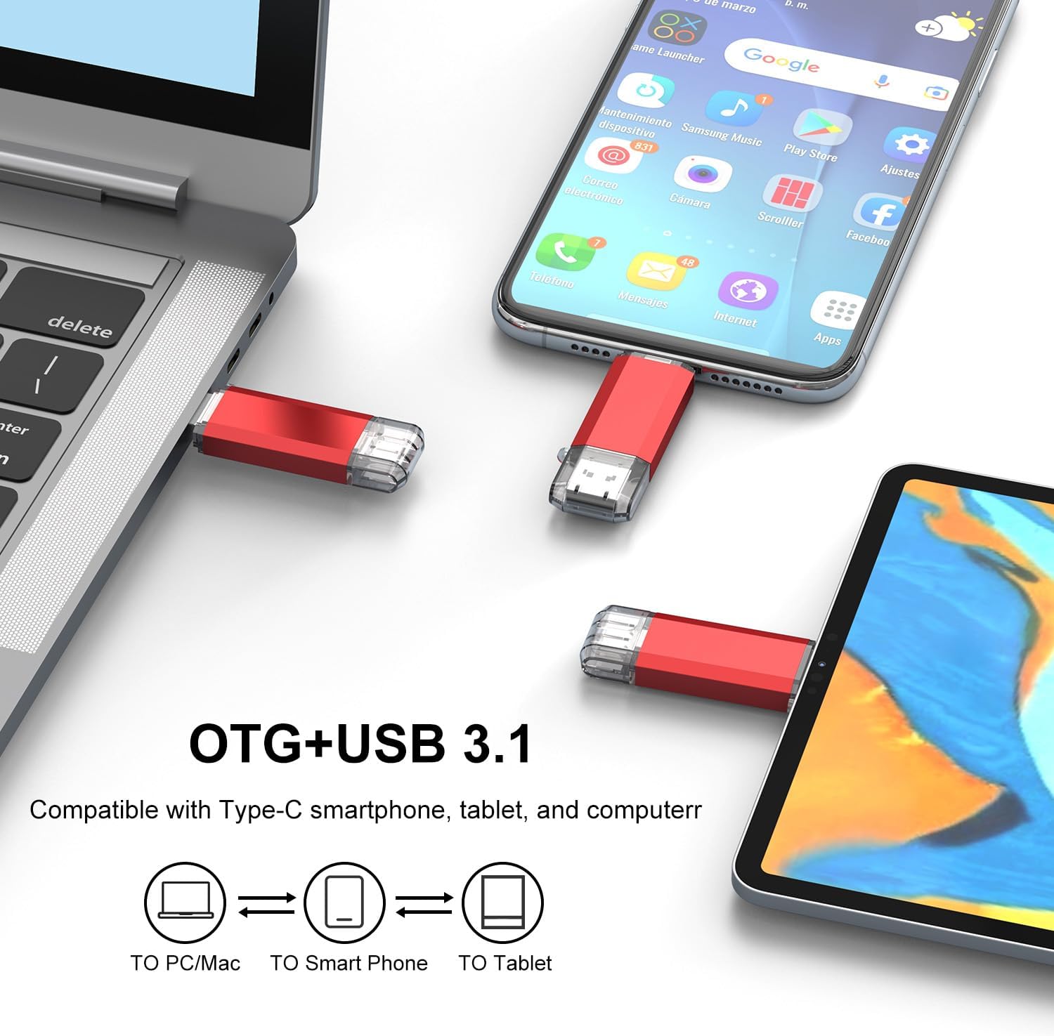 RAOYI Unidad flash USB C de 128 GB actualizada a 130 MBs, USB 3.1 tipo C doble OTG USB 3.1 tipo C Dual OTG Memoria Stick de metal con llavero
