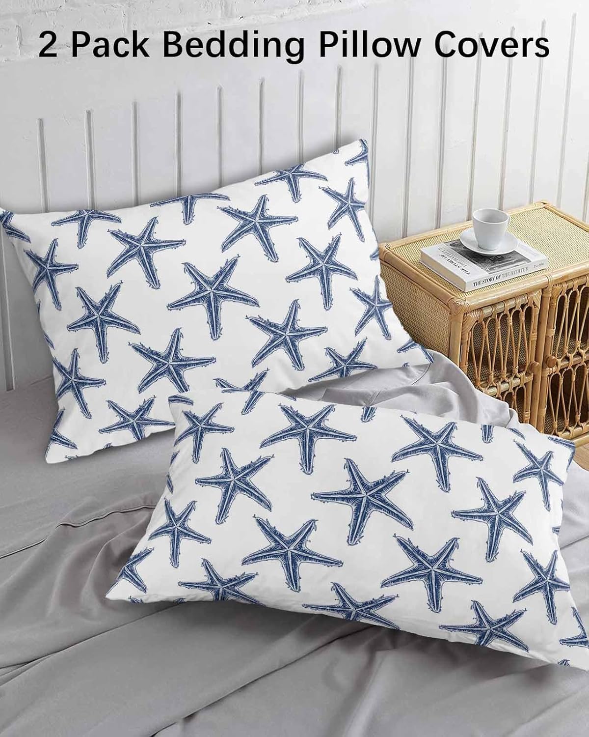 Juego de 2 fundas de almohada tamaño King con estrellas de mar de playa azul marino, fundas de almohada de microfibra para cama, fundas de almohada