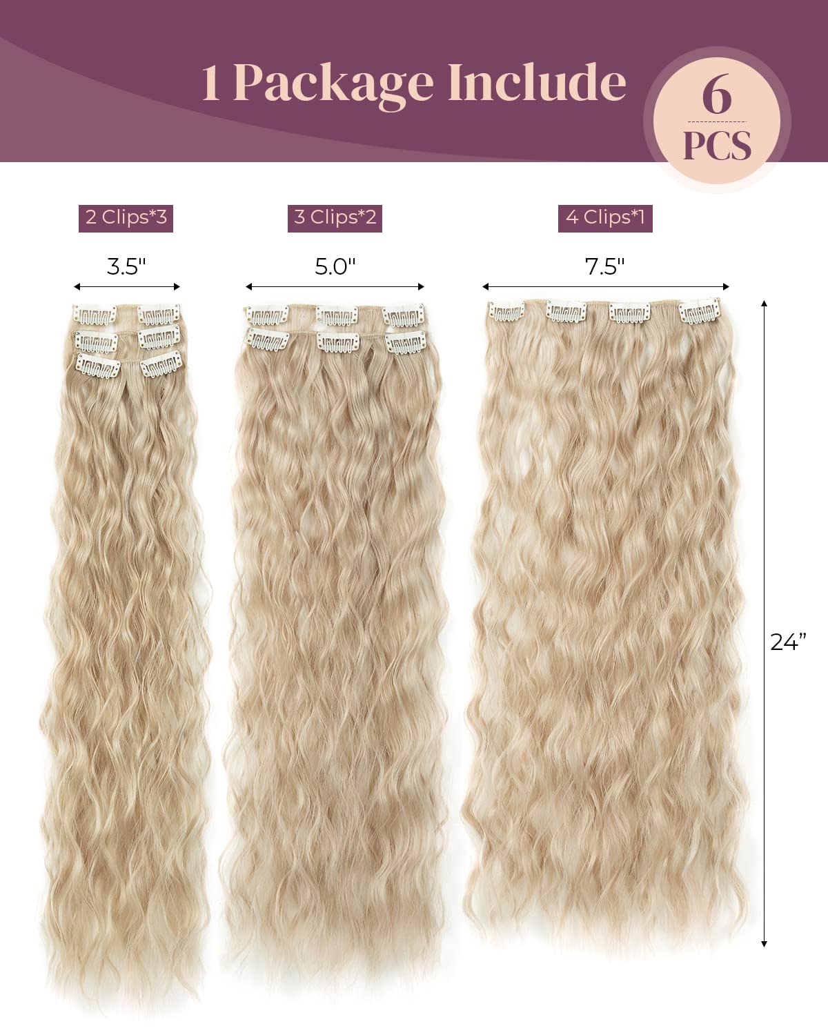 LONAI Extensiones de cabello con clip, 6 unidades, rizado de 24 pulgadas de largo, sintético, postizo para mujer, rubio ceniza natural