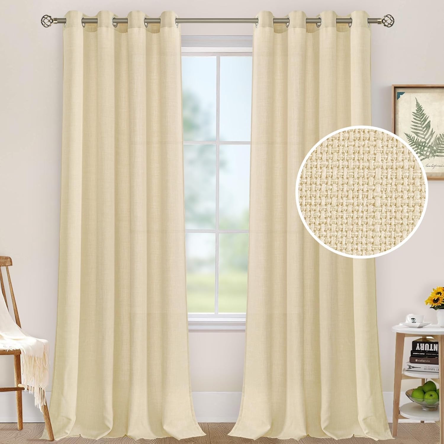 LAMIT Cortinas de lino natural para sala de estar, cortinas de privacidad texturizadas de lino sintético de 84 pulgadas, paneles de arpillera