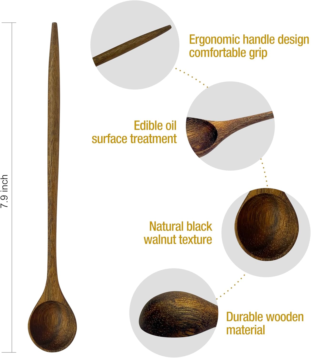 WONDERFUL Cucharas de mango largo de madera de nogal 100% natural para café, té, batido de cocina, agitador de cóctel cuchara de miel mezcladora,