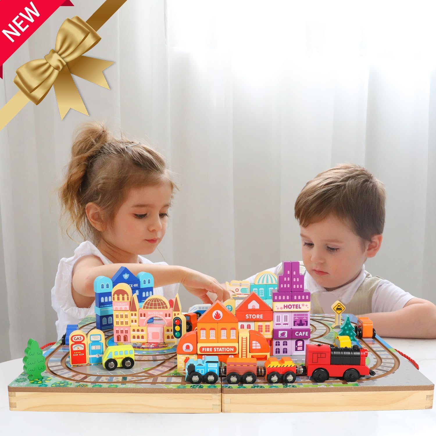 Juego de bloques de construcción de madera, tren eléctrico de construcción de ciudad, bloques apilables, juguetes educativos de aprendizaje