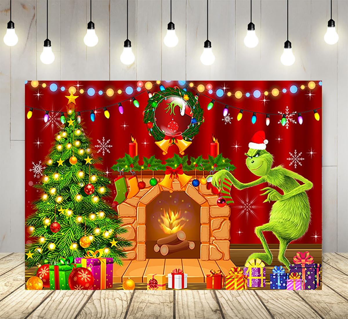 Telón de fondo de chimenea de dibujos animados para suministros de fiesta de Navidad, 5 x 3 pies, fondo de fotos de Navidad de Grinch, telón de