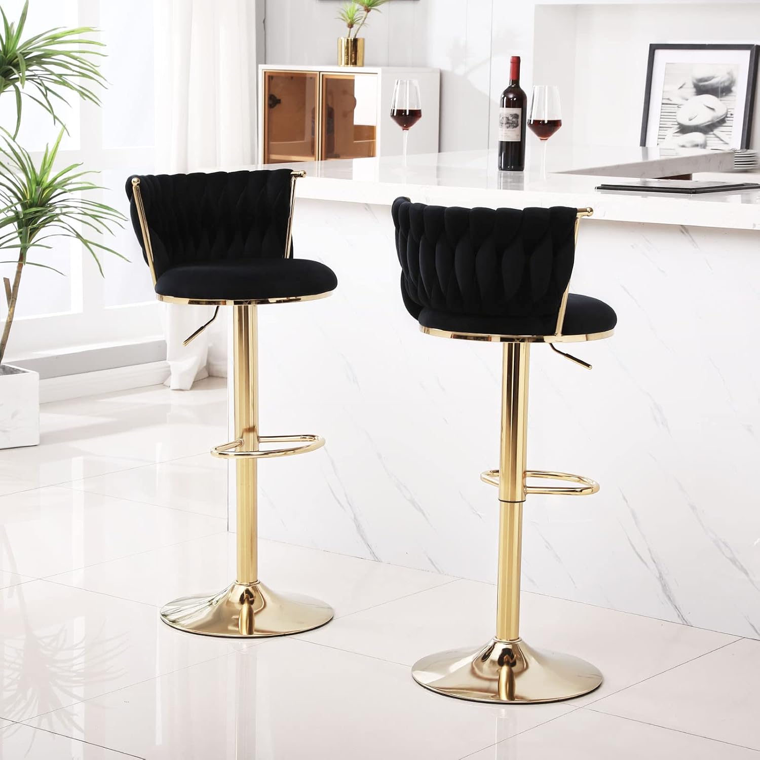 ODUWA Juego de 2 taburetes de bar de terciopelo giratorios de 360 con patas de metal dorado, silla moderna ajustable para comedor con respaldo y