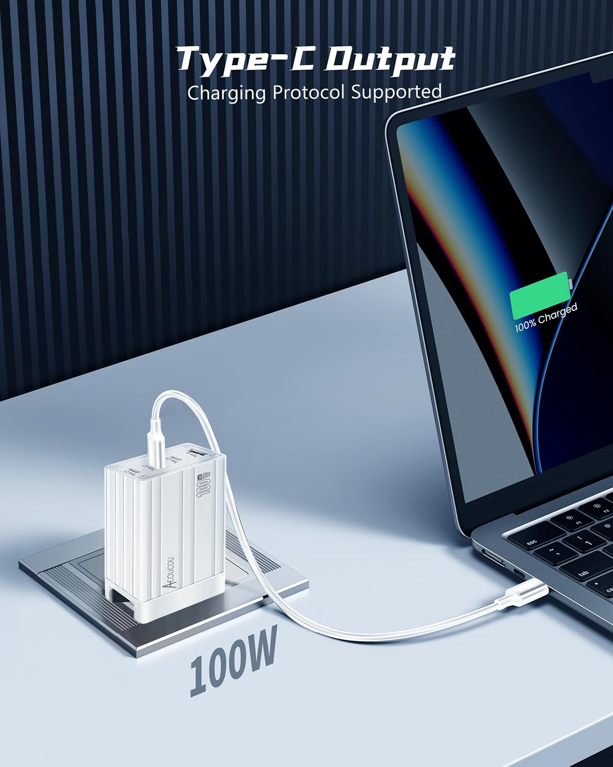Cargador USB C de 100 W, 4 puertos GaN III PD&QC 3.0 tipo C, cargador rápido de múltiples puertos para MacBook AirPro, i-Phone i-Pad Samsung Galaxy